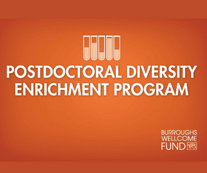 Flyer with burnt orange background and white lettering that states "Postdoctoral Diversity Enrichment Program" and "Burroughs Wellcome Fund" underneath cartoon of five test tubes with varying degrees of liquid.