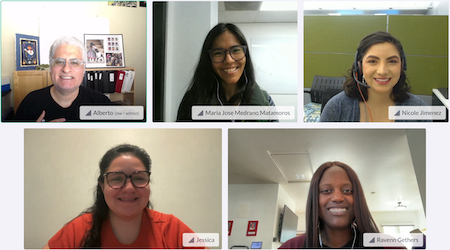 Screenshot of speakers in video conferencing call about the SACNAS 2024 conference "Postdoc Fundamentals" panel. Pictured from left to right in the top row are Alberto Roca, Maria Jose Medrano Matamoros, and Nicole Jimenez each in their own video stream. The bottom row is of Jessica Rivera and Ravenn Gethers.