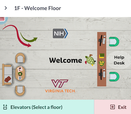 Screenshot of office floor plan showing illustrated items including office furniture and logos on a light gray woodgrain background. From left to right, illustrated items are the following: a) light brown couch, coffee table, and two chairs; b) logos of NIH, VirginiaTech, and the DiverseScholar green turtle; and c) brown long table with two computers and green office chairs. Black font text labels include "Welcome Floor" at top, "Welcome" in the center, "Help Desk" beside the long table, "Elevators" at bottom left, and "Exit" at bottom right.