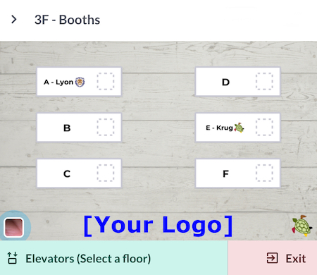 Screenshot of office floor plan showing illustrated items including white rectangle booths and logos on a light gray woodgrain background. From left to right, illustrated items are the following: a) three booths labeled A-Lyon, B, and C; b) three booths labeled D, E-Krug, and F; and c) DiverseScholar green turtle logo. Text labels include  "Booths" at top, "Your Logo" in middle, "Elevators" at bottom left, and "Exit" at bottom right.