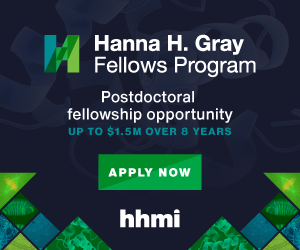 Box with dark blue background behind following white text: "HHMI Hanna H. Gray Fellows Program, postdoctoral fellowship opportunity, up to $1.5M over 8 years,, Apply Now". The flyer also has stylized letter "H" filled with green and blue geometric shapes. Bottom of box has similar green and blue geometric triangle and square shapes filled with scientific images such as proteins and cells