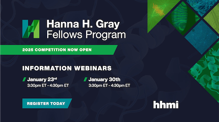 Slide with dark blue background behind following white text on separate lines: "Hanna H. Gray Fellows Program; 2025 Competition Now Open; Information Webinars: January 23 & January 30; Register Today". The first line is flanked on left by stylized letter "H" filled with green and blue geometric shapes. On right of text are similar green and blue geometric triangle and square shapes filled with scientific images such as proteins and cells.