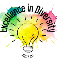 Yellow lightbulb logo for the "Excellence in Diversity" (in black text above light) symposium produced by the Johns Hopkins University's Diversity Postdoctoral Alliance Committee. The JHUDPAC acronym in black text is below the lightbulb. Behind the lightbulb and text is a splash of watercolor-like paint in great and red colors that merge with the yellow of the lightbulb all surrounded by a white background.