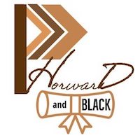 Logo for "PhorwarD and Black" group where their name's first word is stylized with a large "P". The top of the "p" is a horizontal chevron shape in varying shades of brown. The "and Black" words are in black text within a light brown diploma.