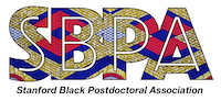 Logo for the "Stanford Black Postdoc Association" where that text appears in black font below the acronym "SBPA". The large capitalized letters cut out the white background to reveal an African weaved rug that is light brown in color with red and blue diamond patterns.