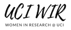 Logo of black text on a white background that states "UCI WIR" in hand-written-like font. Below in smaller Helvetica-like font is the text "Women in Research @ UCI".