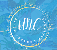 Logo of the "UNC BIPOC Postdoc Alliance" which is 3 white and yellow-ish circle outlines overlapping each other with slight offsets. The group's name is in white text with UNC in cursive in the center of the circles while the other words are follow the arc of the inner most circle. The background is baby blue color with montage of illustrated hand outlines  reaching toward the planet Earth.